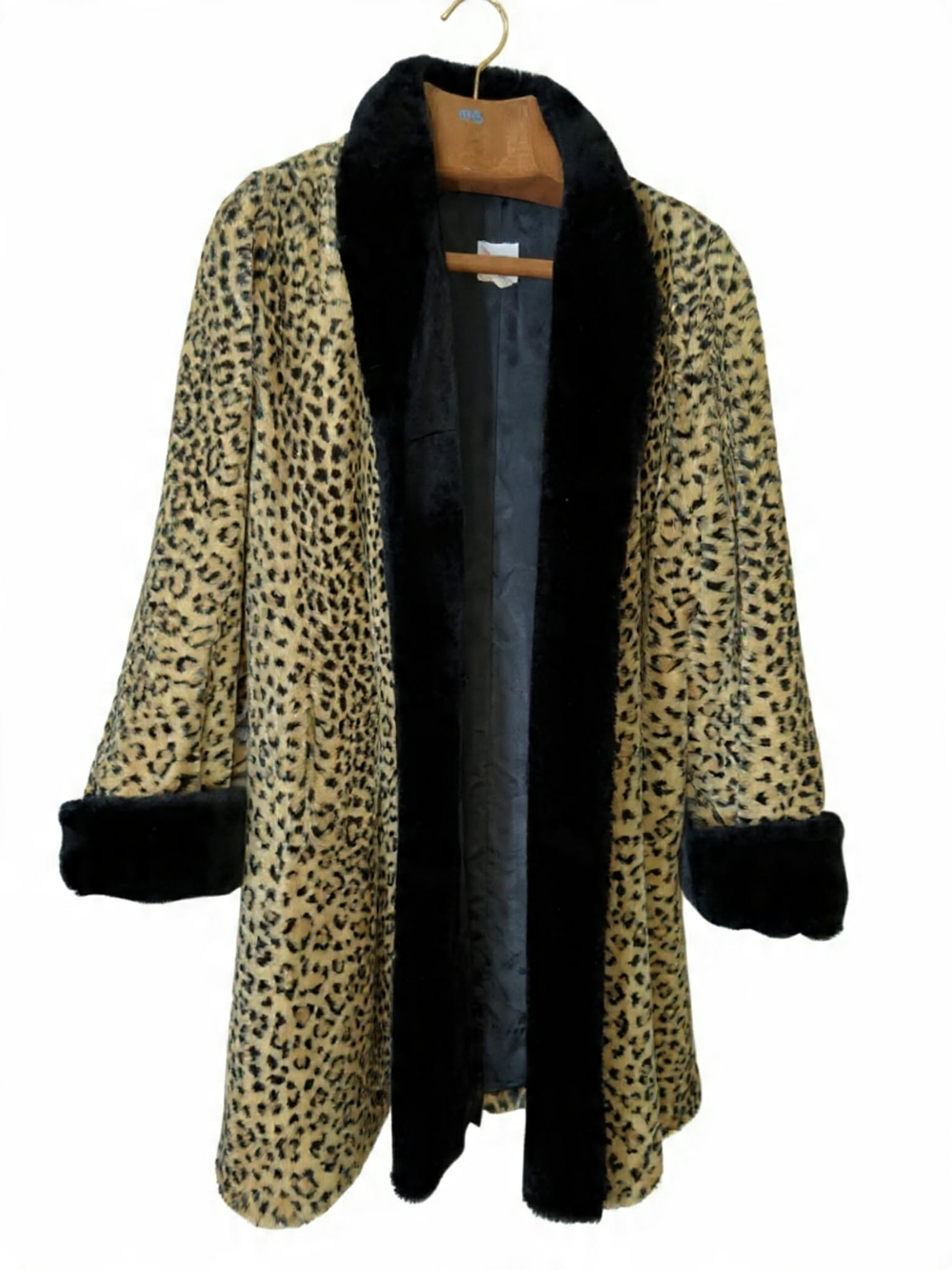 Leopard Print Teddy Coat with Black‎ Trim Vtg Swing Flowy Old Hollywood